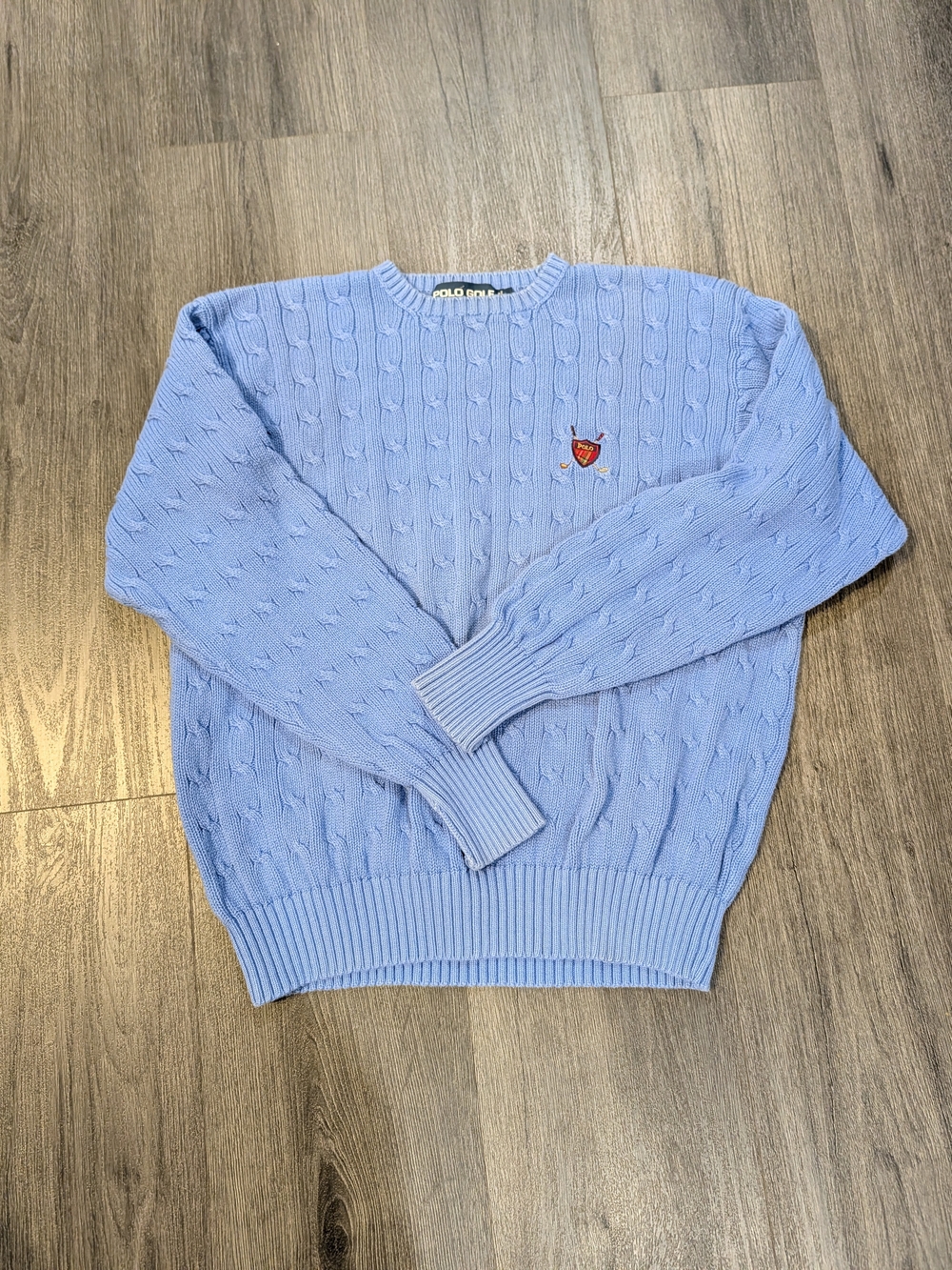 Vintage Polo Golf Ralph Lauren Mens XL Blue Cable Knit Cotton Crest Sweater Prep